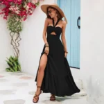 2025 Summer Fashion Elegant Solid Color Sleeveless Halter Neck A-line Dress for Women
